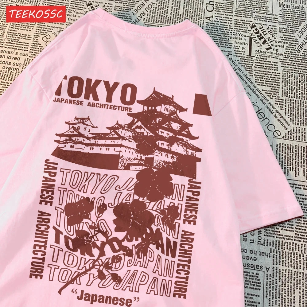 Trend Cotton Women'S T-Shirts Tokyo Sakura Print Oversize Summer Streetwear