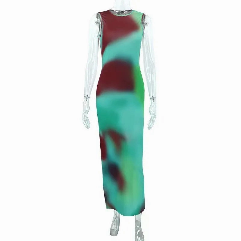Trendy A-Line Split Tank Top for Women - Casual Printed Mid-Calf Dress for Spring/Summer