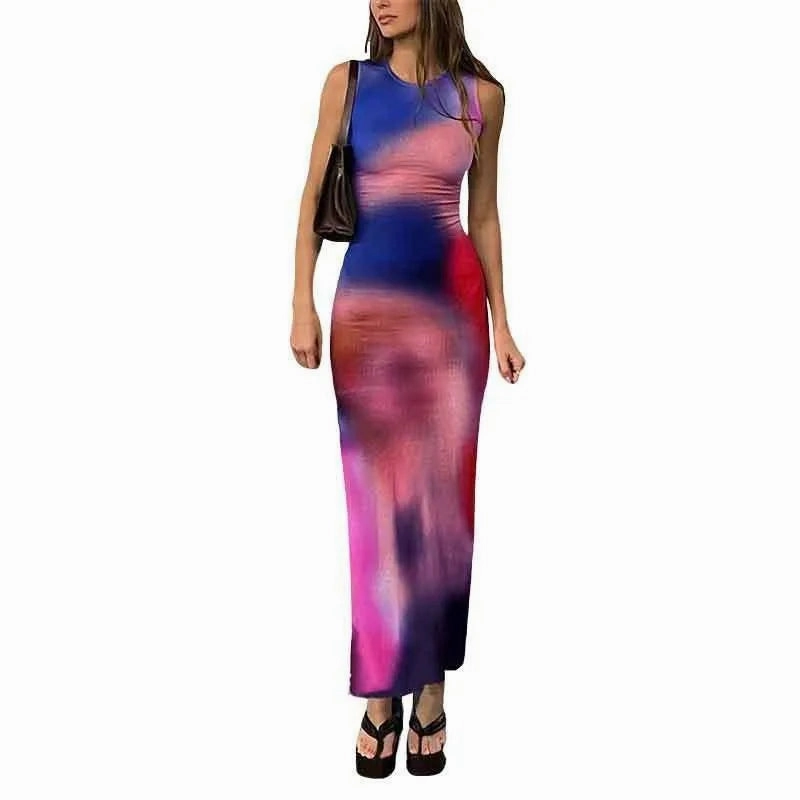 Trendy A-Line Split Tank Top for Women - Casual Printed Mid-Calf Dress for Spring/Summer