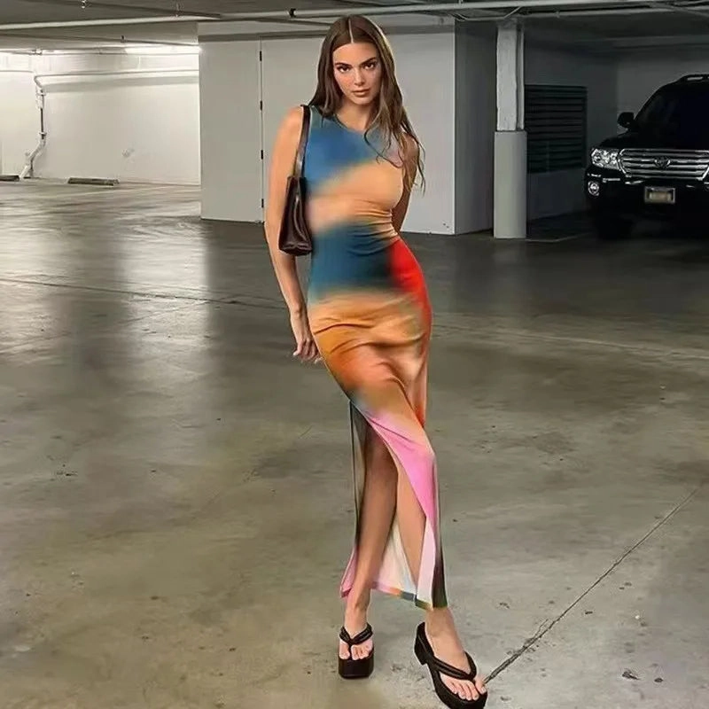 Trendy A-Line Split Tank Top for Women - Casual Printed Mid-Calf Dress for Spring/Summer