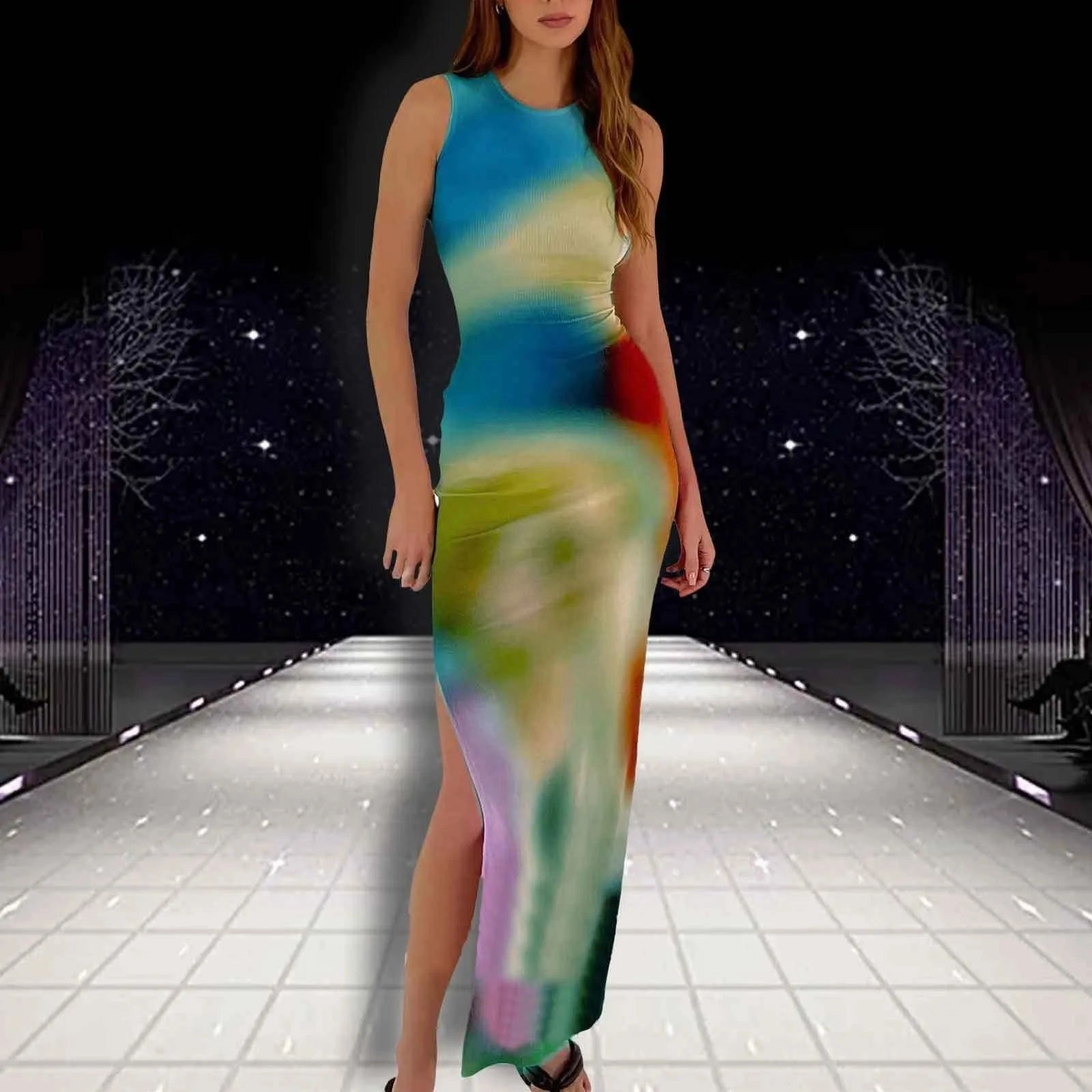 Trendy A-Line Split Tank Top for Women - Casual Printed Mid-Calf Dress for Spring/Summer