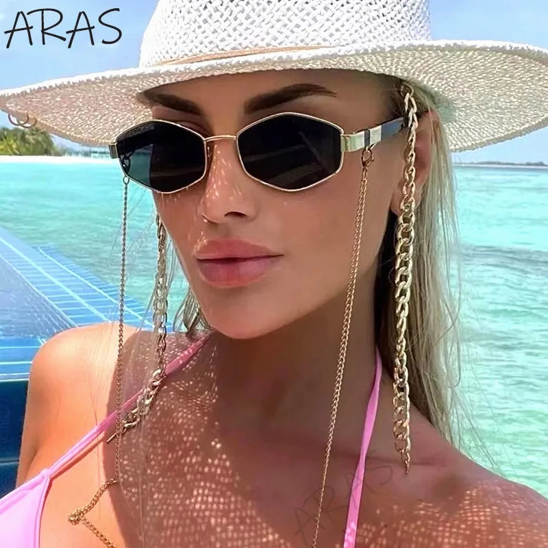 Trendy Retro Hexagon With Chain Sunglasses For Women