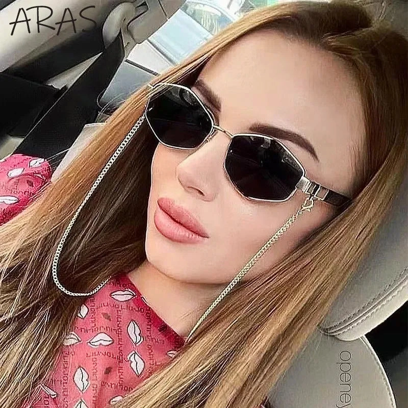 Trendy Retro Hexagon With Chain Sunglasses For Women