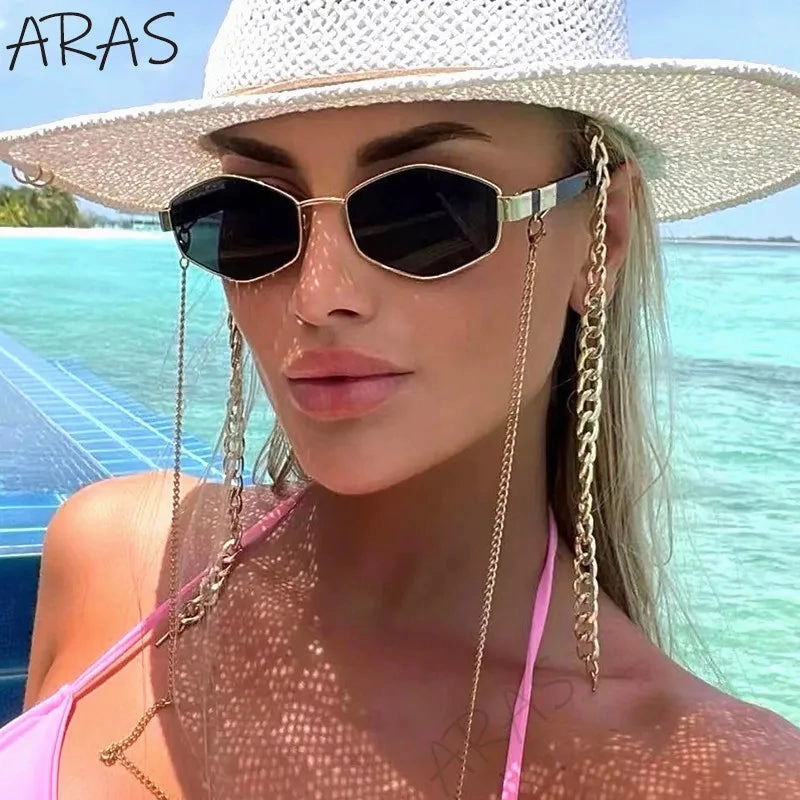Trendy Retro Hexagon With Chain Sunglasses For Women