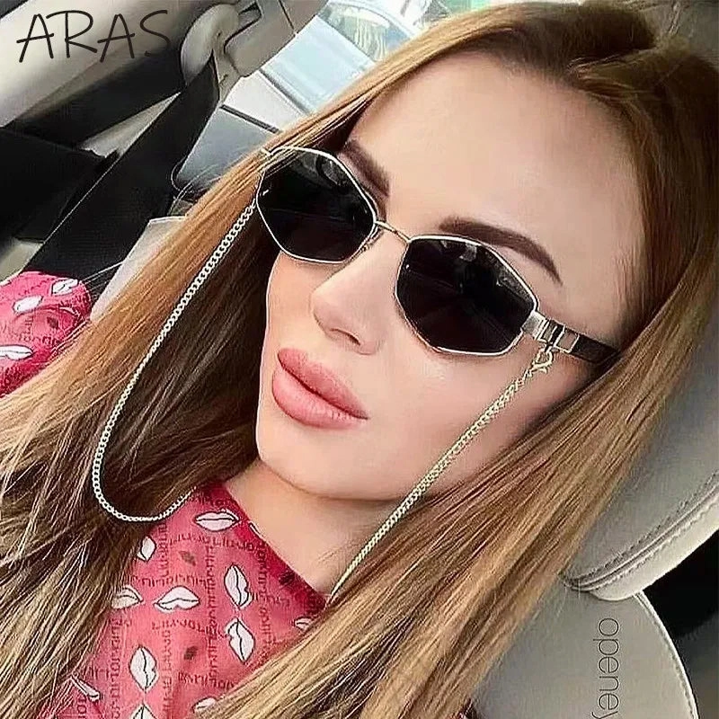 Trendy Retro Hexagon With Chain Sunglasses For Women