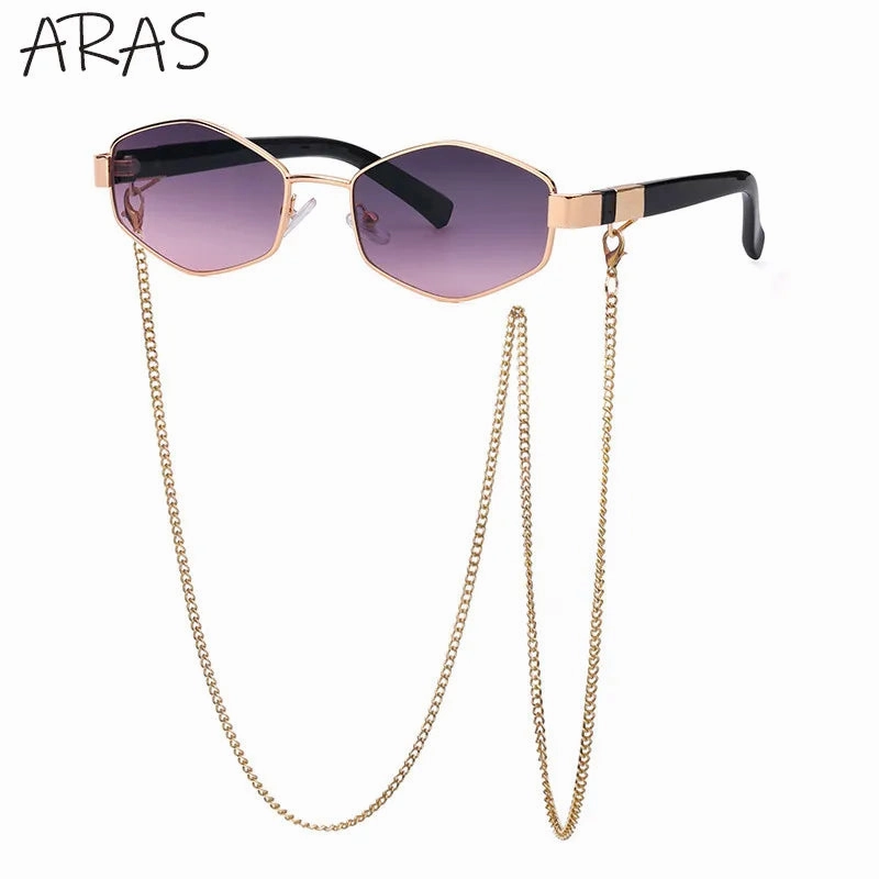Trendy Retro Hexagon With Chain Sunglasses For Women