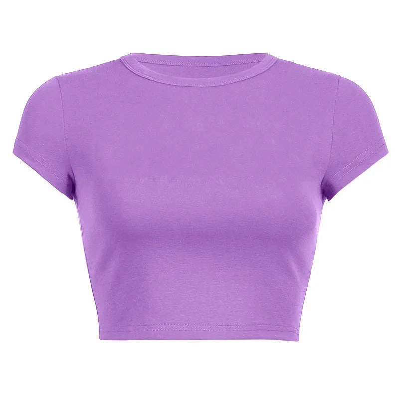 Trendy Summer Cropped T-Shirt for Women - Casual Short Sleeve O-Neck Blouse in Solid Colors