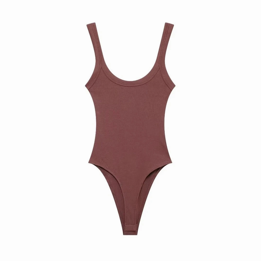 TRZA-Skinny Ribbed Bodysuits for Women, O Neck Straps, Snap-Button Playsuit for Sexy Club Fashion