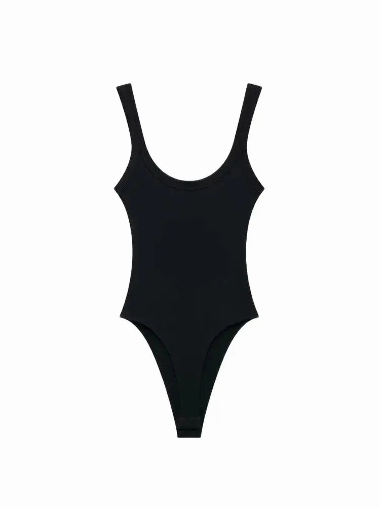 TRZA-Skinny Ribbed Bodysuits for Women, O Neck Straps, Snap-Button Playsuit for Sexy Club Fashion