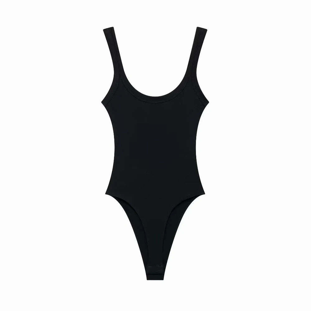 TRZA-Skinny Ribbed Bodysuits for Women, O Neck Straps, Snap-Button Playsuit for Sexy Club Fashion