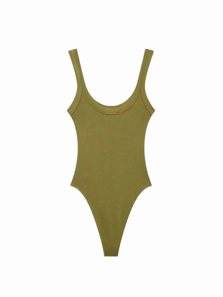 TRZA-Skinny Ribbed Bodysuits for Women, O Neck Straps, Snap-Button Playsuit for Sexy Club Fashion