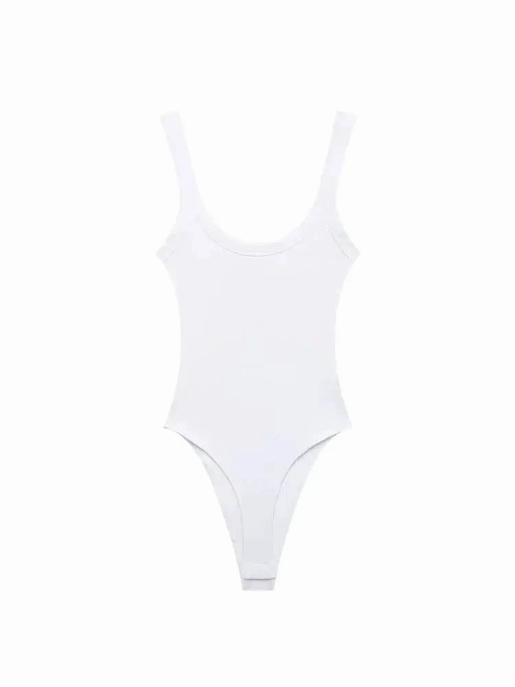 TRZA-Skinny Ribbed Bodysuits for Women, O Neck Straps, Snap-Button Playsuit for Sexy Club Fashion
