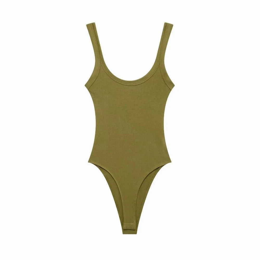 TRZA-Skinny Ribbed Bodysuits for Women, O Neck Straps, Snap-Button Playsuit for Sexy Club Fashion