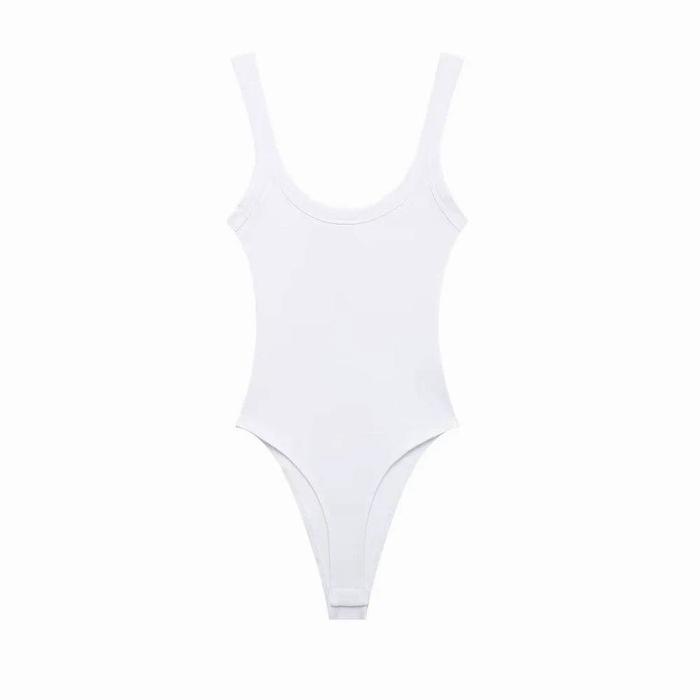 TRZA-Skinny Ribbed Bodysuits for Women, O Neck Straps, Snap-Button Playsuit for Sexy Club Fashion
