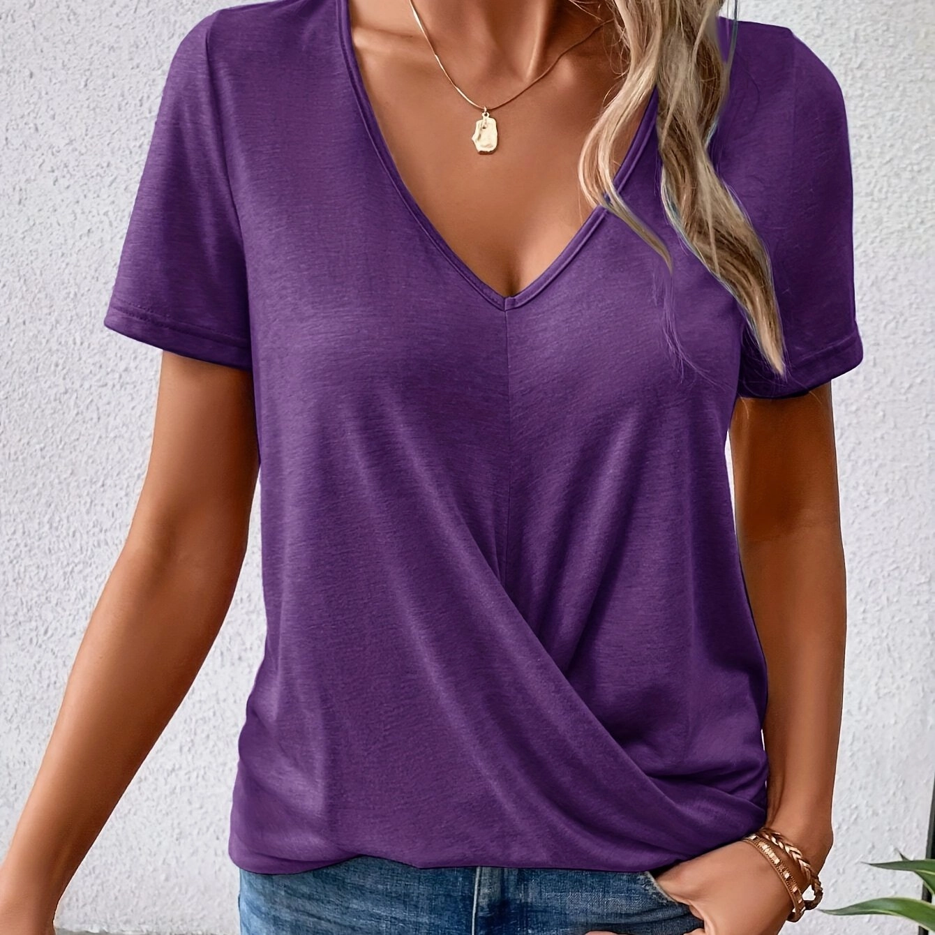 Twist Hem V Neck T-Shirt For Spring & Summer Women's Wear