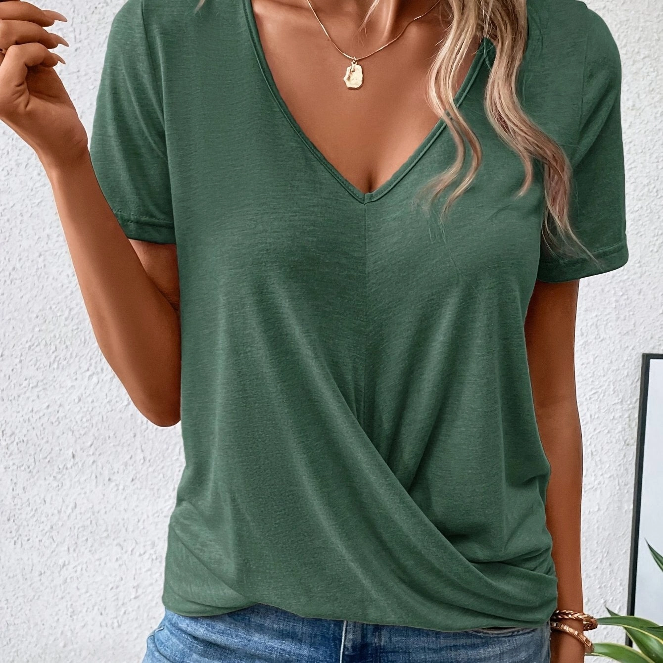 Twist Hem V Neck T-Shirt For Spring & Summer Women's Wear