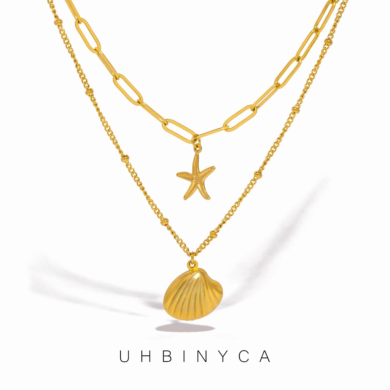 UHBINYCA Double Layered Chain Necklace for Women, Seashell Starfish Pendant, Waterproof Jewelry