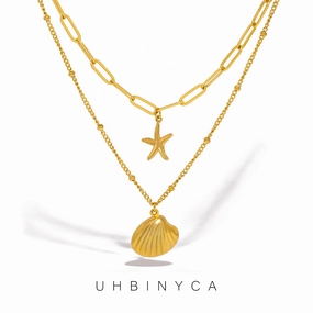 UHBINYCA Double Layered Chain Necklace for Women, Seashell Starfish Pendant, Waterproof Jewelry