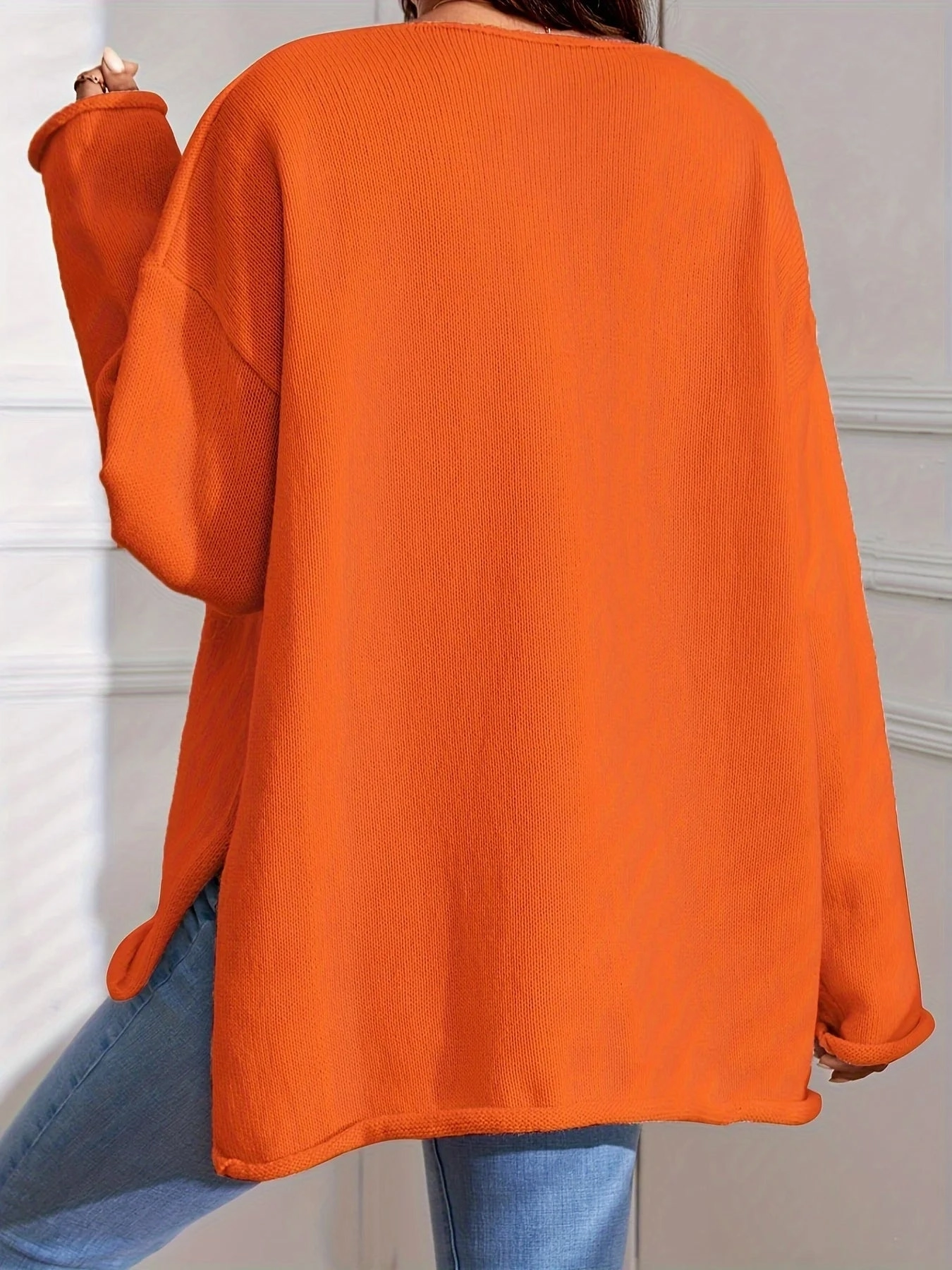 V Neck Knit Sweater, Casual Long Sleeve Oversized Style
