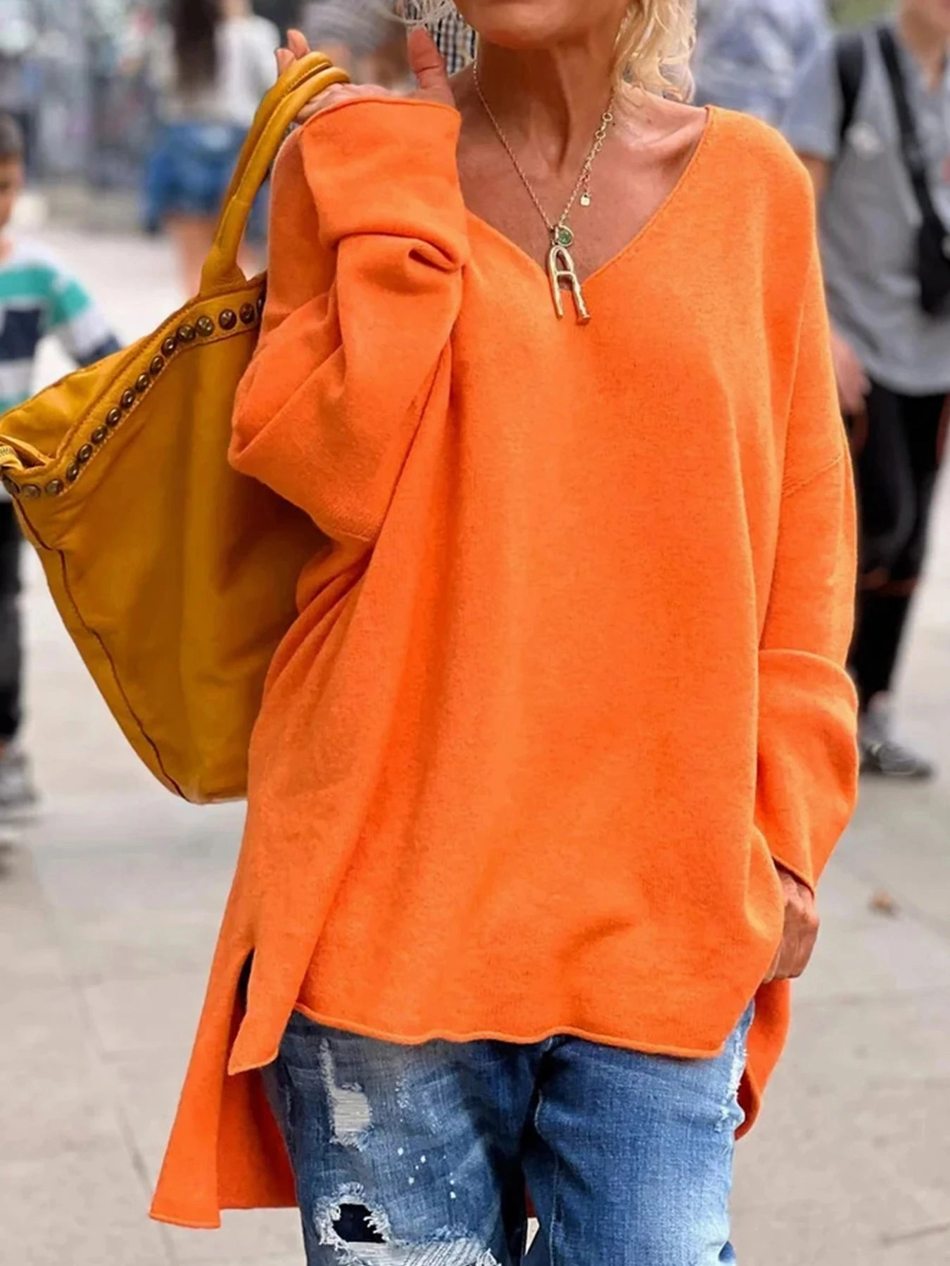 V Neck Knit Sweater, Casual Long Sleeve Oversized Style