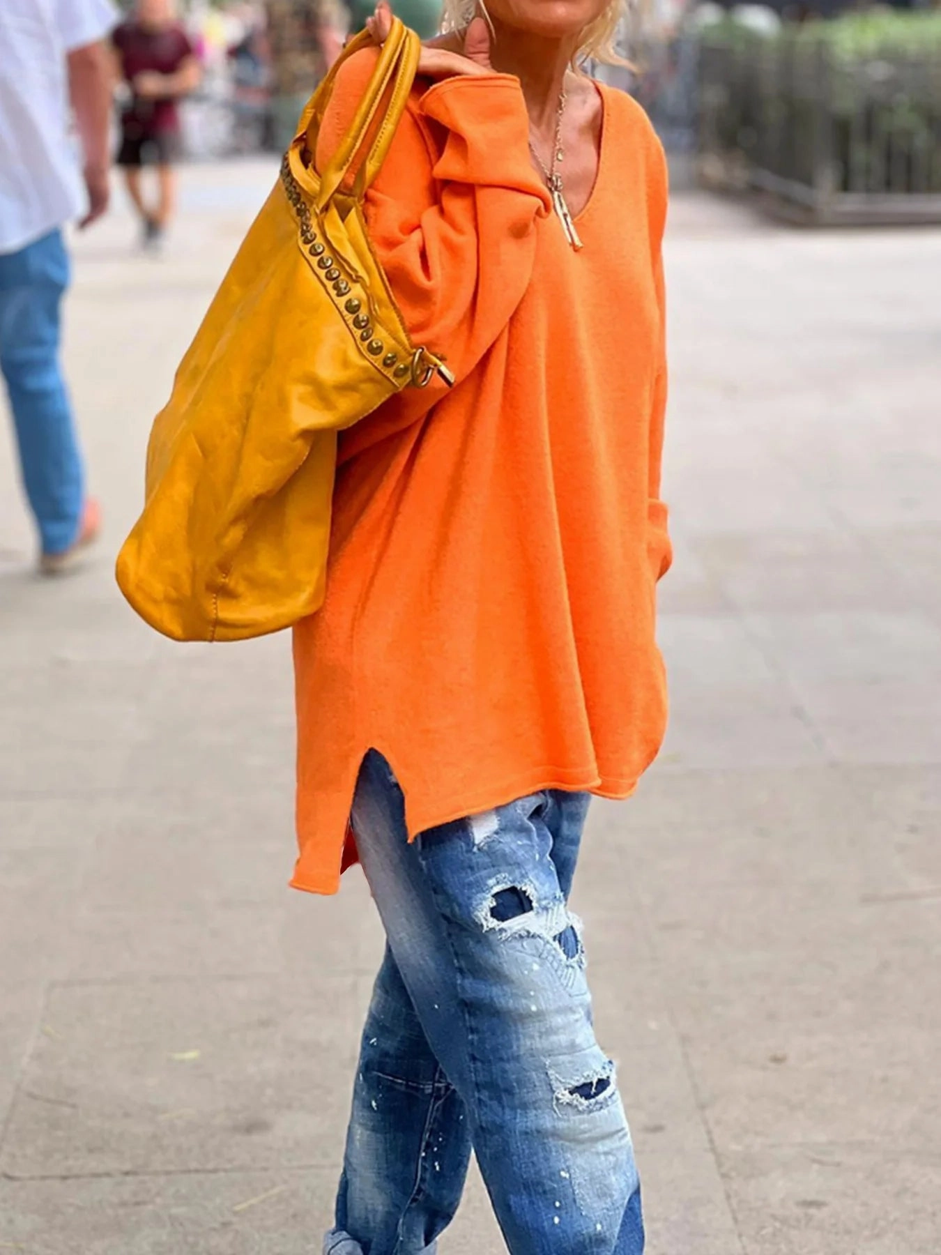 V Neck Knit Sweater, Casual Long Sleeve Oversized Style
