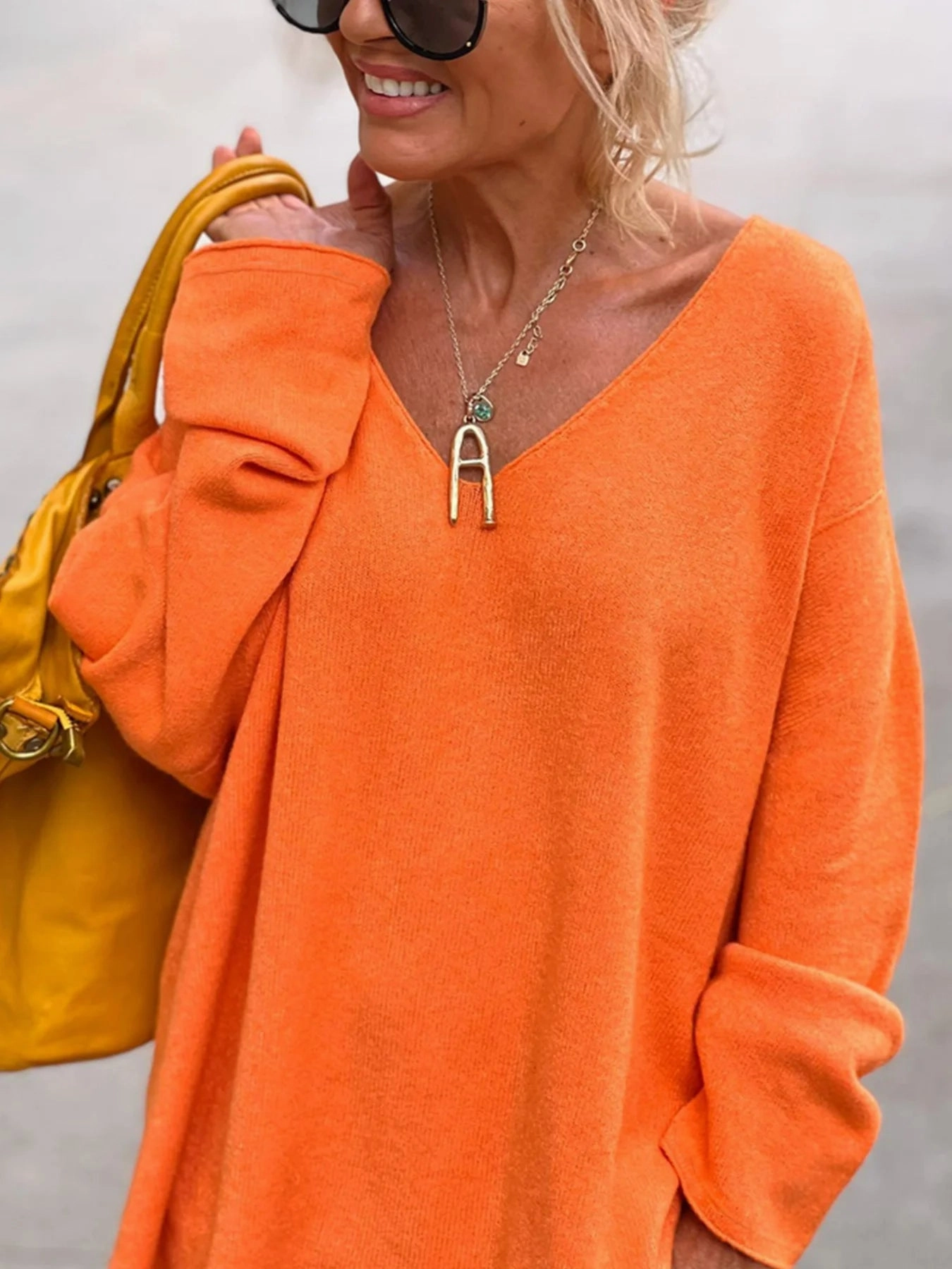 V Neck Knit Sweater, Casual Long Sleeve Oversized Style