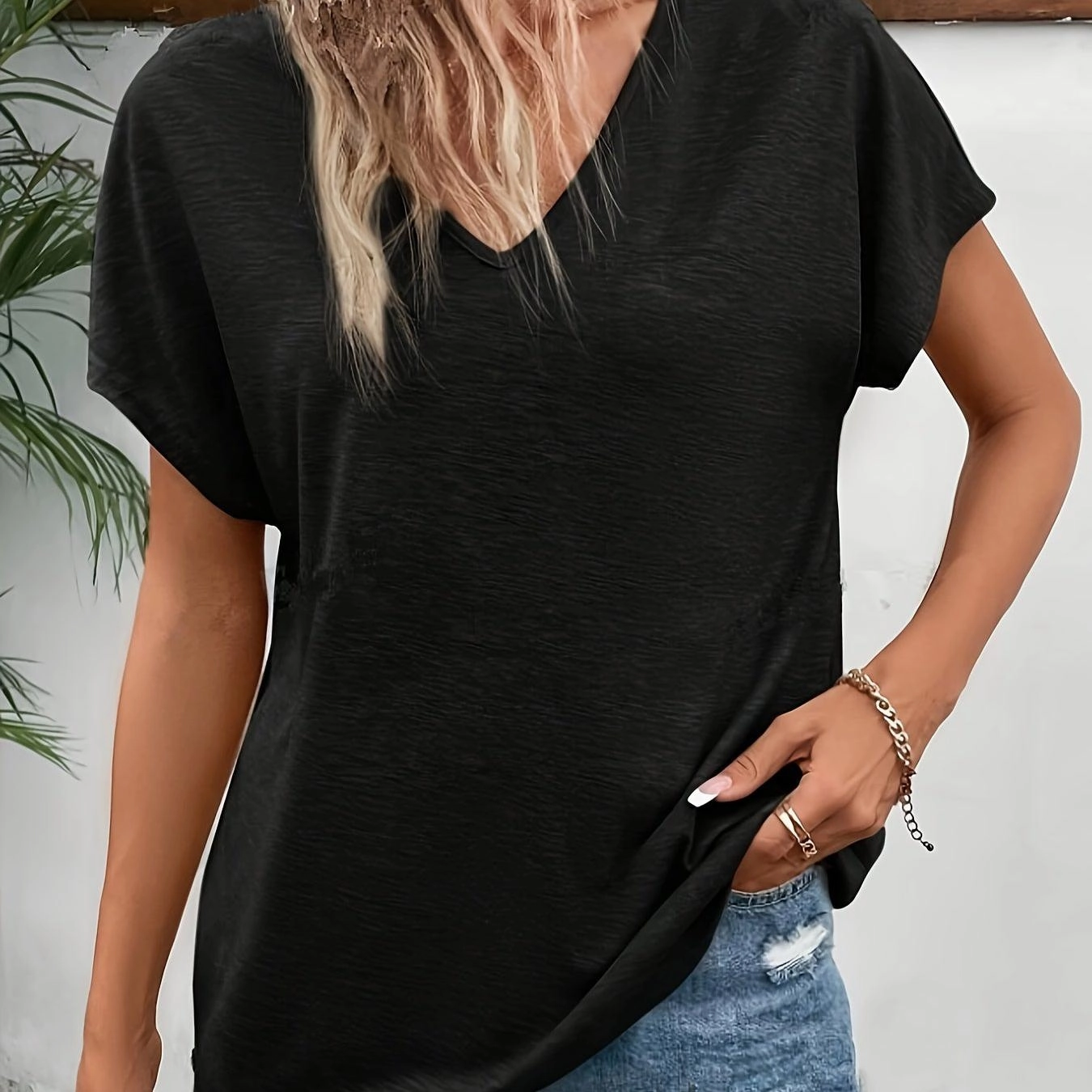 V Neck Loose Solid Casual T-shirt for Spring Summer Style