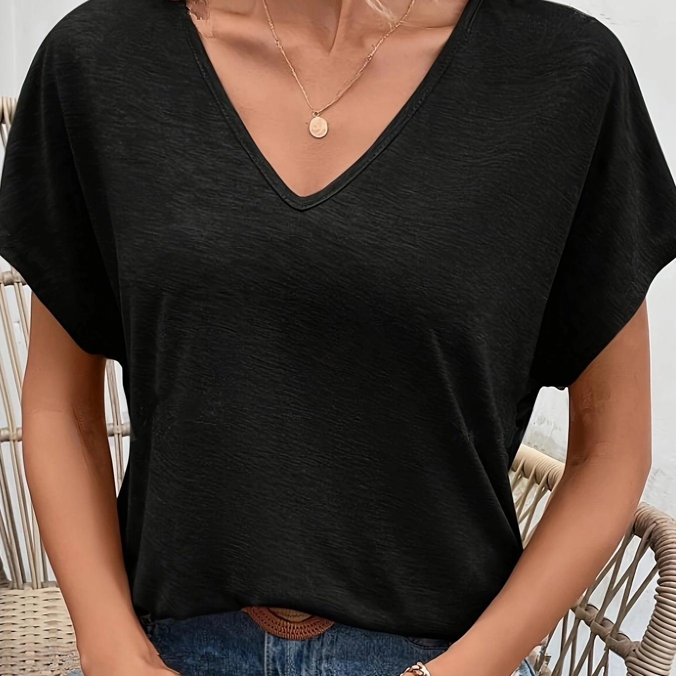 V Neck Loose Solid Casual T-shirt for Spring Summer Style