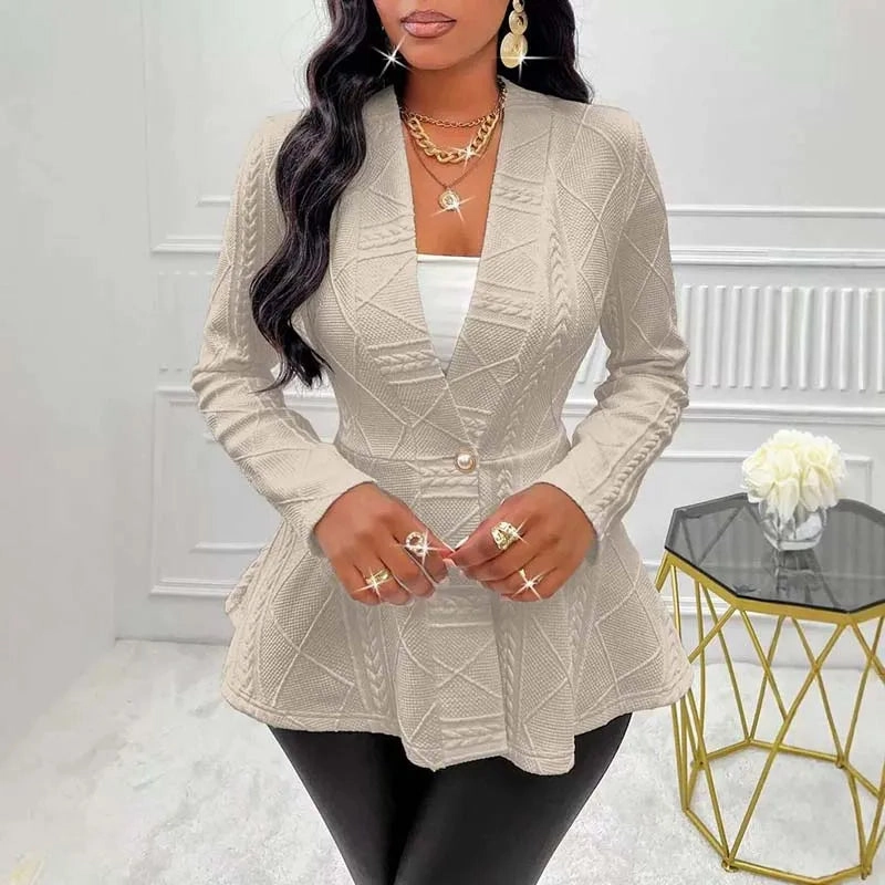 V-neck Ruffled Long-sleeved Coat Women Suit Elegant Office Lady Cardigan Light Khaki Slim Fit Jacks Tops Spring Autumn New