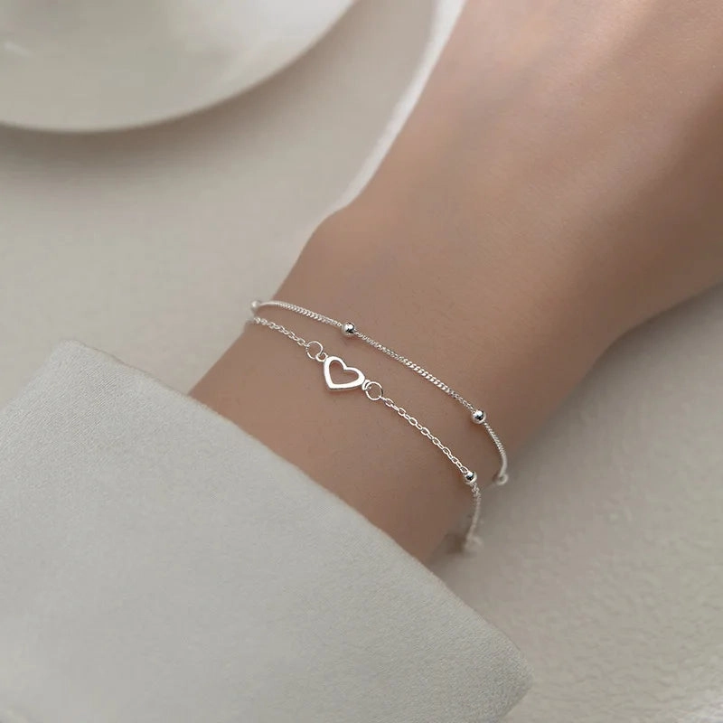 VENTFILLE 925 Sterling Silver Double Love Heart Bracelet Elegant Adjustable Fashion Jewelry