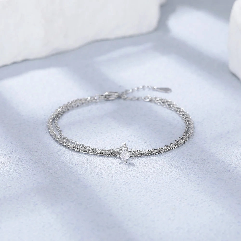 VENTFILLE 925 Sterling Silver Double Love Heart Bracelet Elegant Adjustable Fashion Jewelry