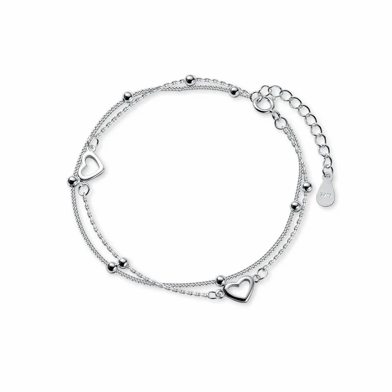 VENTFILLE 925 Sterling Silver Double Love Heart Bracelet Elegant Adjustable Fashion Jewelry