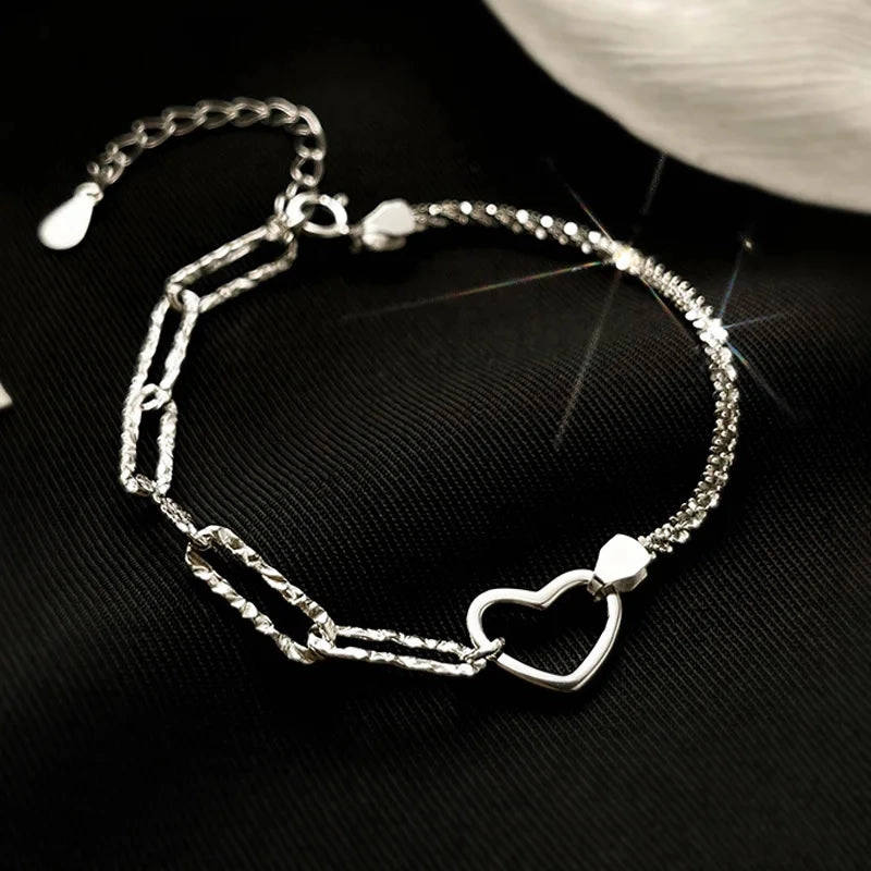 VENTFILLE 925 Sterling Silver Double Love Heart Bracelet Elegant Adjustable Fashion Jewelry