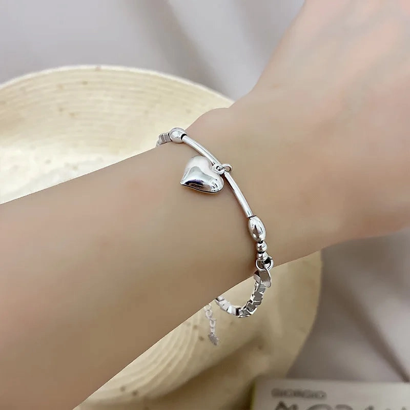 VENTFILLE 925 Sterling Silver Double Love Heart Bracelet Elegant Adjustable Fashion Jewelry
