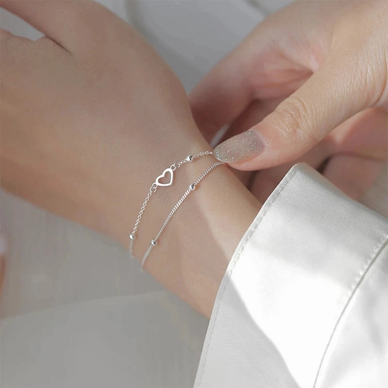 VENTFILLE 925 Sterling Silver Double Love Heart Bracelet Elegant Adjustable Fashion Jewelry