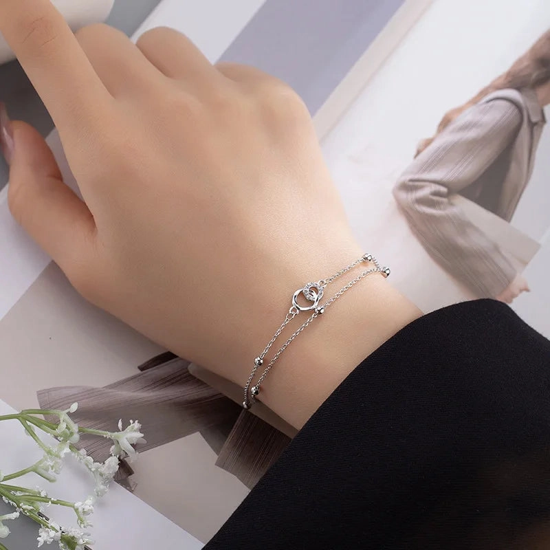 VENTFILLE 925 Sterling Silver Double Love Heart Bracelet Elegant Adjustable Fashion Jewelry