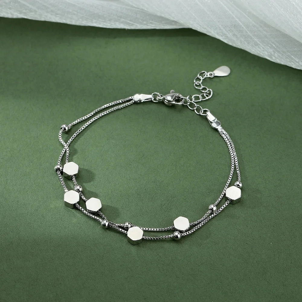 VENTFILLE 925 Sterling Silver Double Love Heart Bracelet Elegant Adjustable Fashion Jewelry