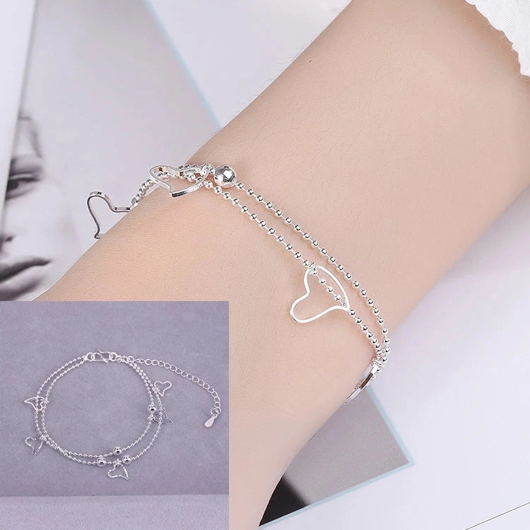 VENTFILLE 925 Sterling Silver Double Love Heart Bracelet Elegant Adjustable Fashion Jewelry