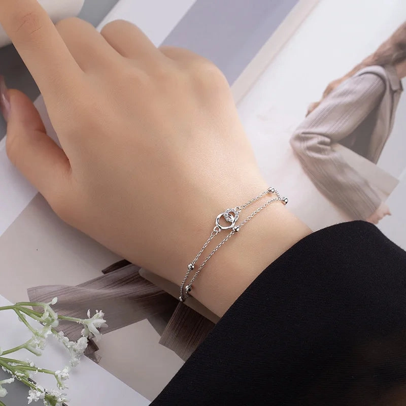 VENTFILLE 925 Sterling Silver Double Love Heart Bracelet Elegant Adjustable Fashion Jewelry