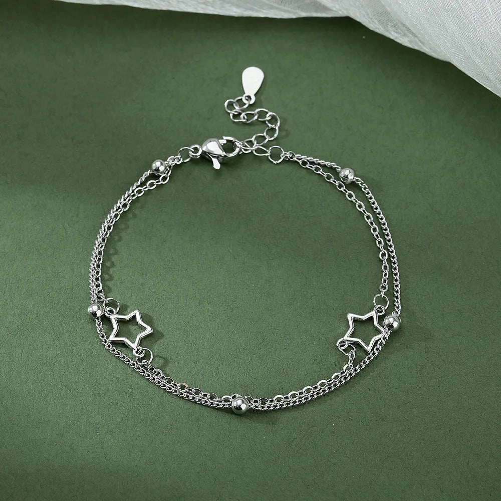 VENTFILLE 925 Sterling Silver Double Love Heart Bracelet Elegant Adjustable Fashion Jewelry
