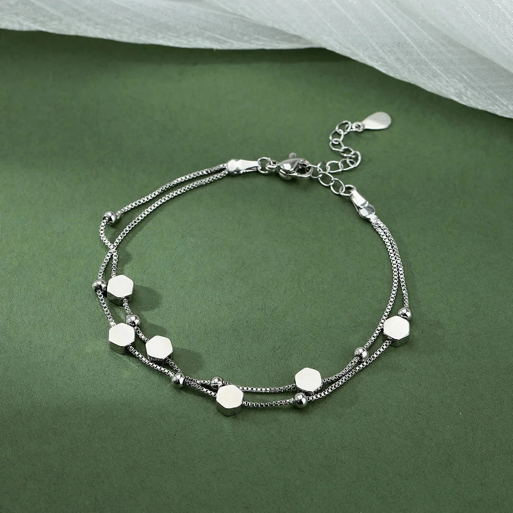 VENTFILLE 925 Sterling Silver Double Love Heart Bracelet Elegant Adjustable Fashion Jewelry