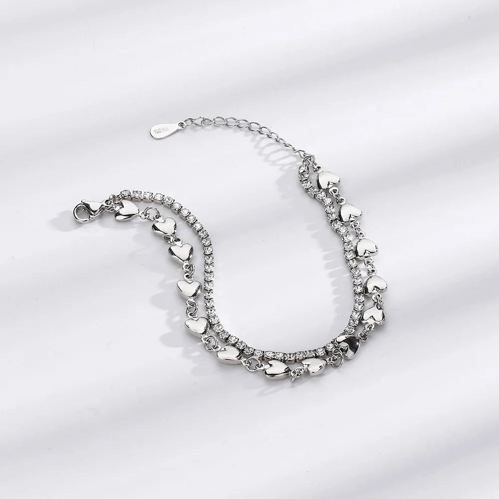 VENTFILLE 925 Sterling Silver Double Love Heart Bracelet Elegant Adjustable Fashion Jewelry