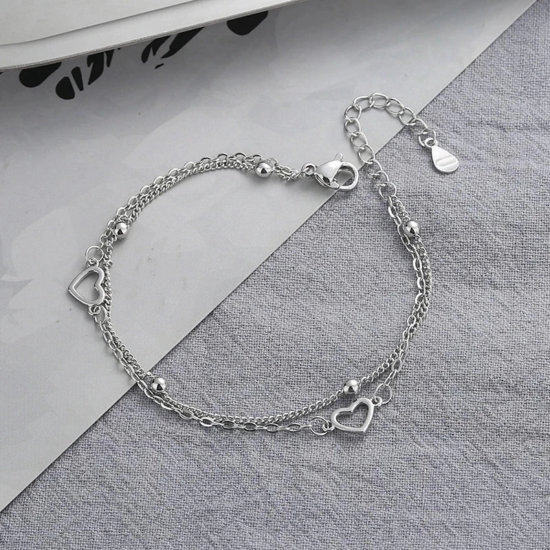 VENTFILLE 925 Sterling Silver Double Love Heart Bracelet Elegant Adjustable Fashion Jewelry