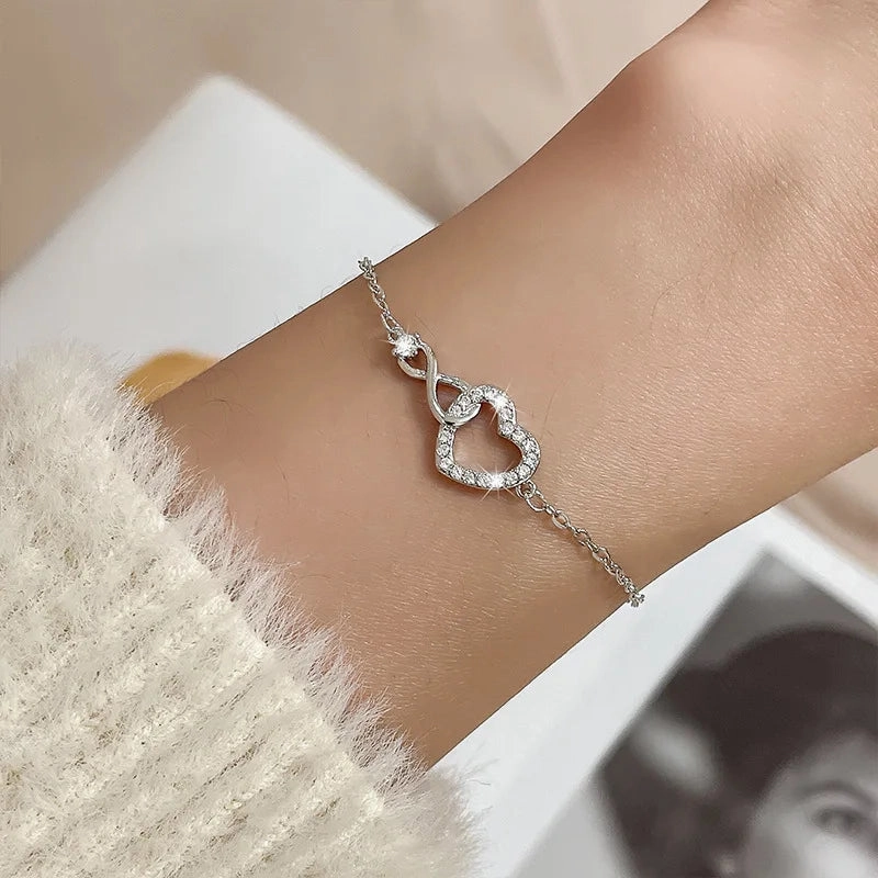 VENTFILLE 925 Sterling Silver Double Love Heart Bracelet Elegant Adjustable Fashion Jewelry