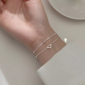 VENTFILLE 925 Sterling Silver Double Love Heart Bracelet Elegant Adjustable Fashion Jewelry