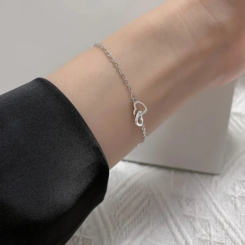 VENTFILLE 925 Sterling Silver Double Love Heart Bracelet Elegant Adjustable Fashion Jewelry