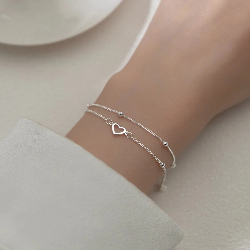 VENTFILLE 925 Sterling Silver Double Love Heart Bracelet Elegant Adjustable Fashion Jewelry