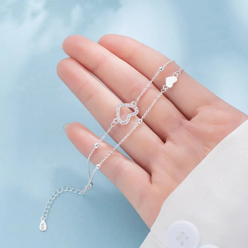VENTFILLE 925 Sterling Silver Double Love Heart Bracelet Elegant Adjustable Fashion Jewelry