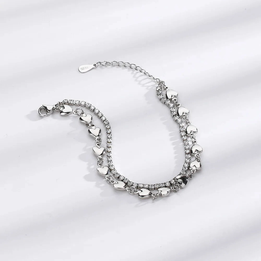 VENTFILLE 925 Sterling Silver Double Love Heart Bracelet Elegant Adjustable Fashion Jewelry