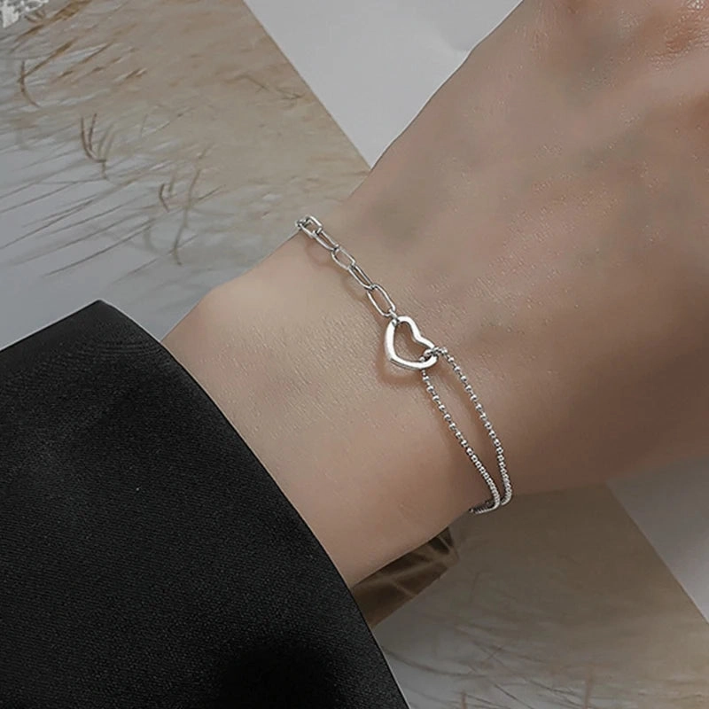 VENTFILLE 925 Sterling Silver Double Love Heart Bracelet Elegant Adjustable Fashion Jewelry